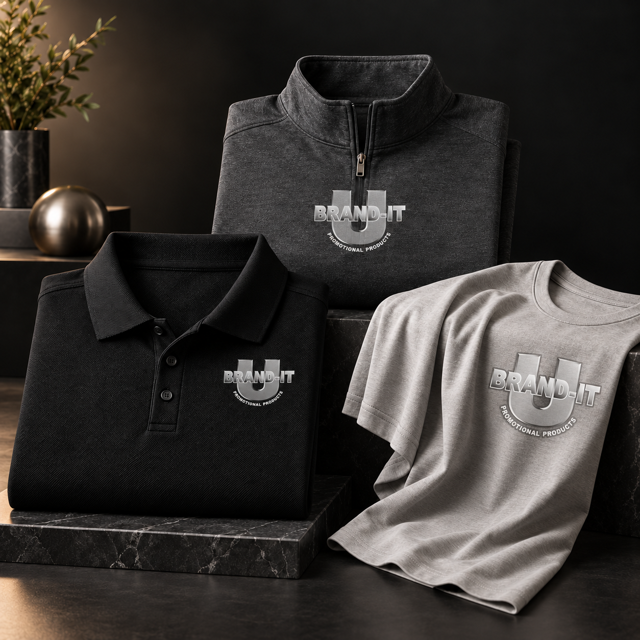 Premium promotional apparel including a polo, quarter-zip, and T-shirt