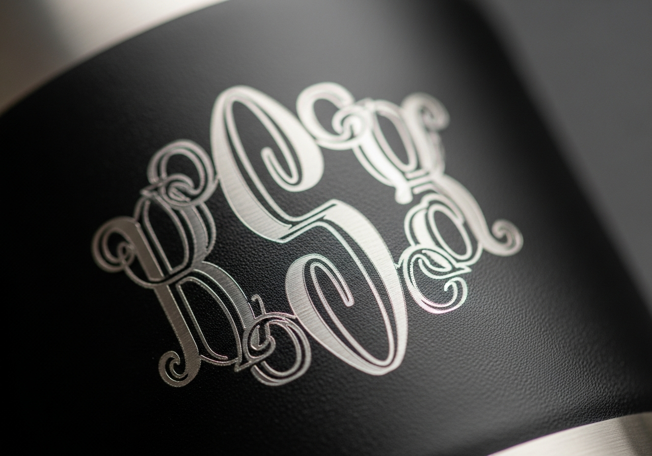 Close-up example of precision engraving on a black tumbler